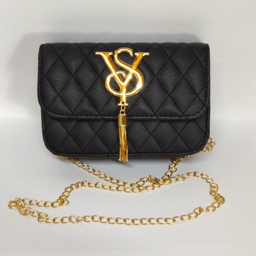 New Quilted black vegan leather Crossbody VS with gold tone hardware & chain